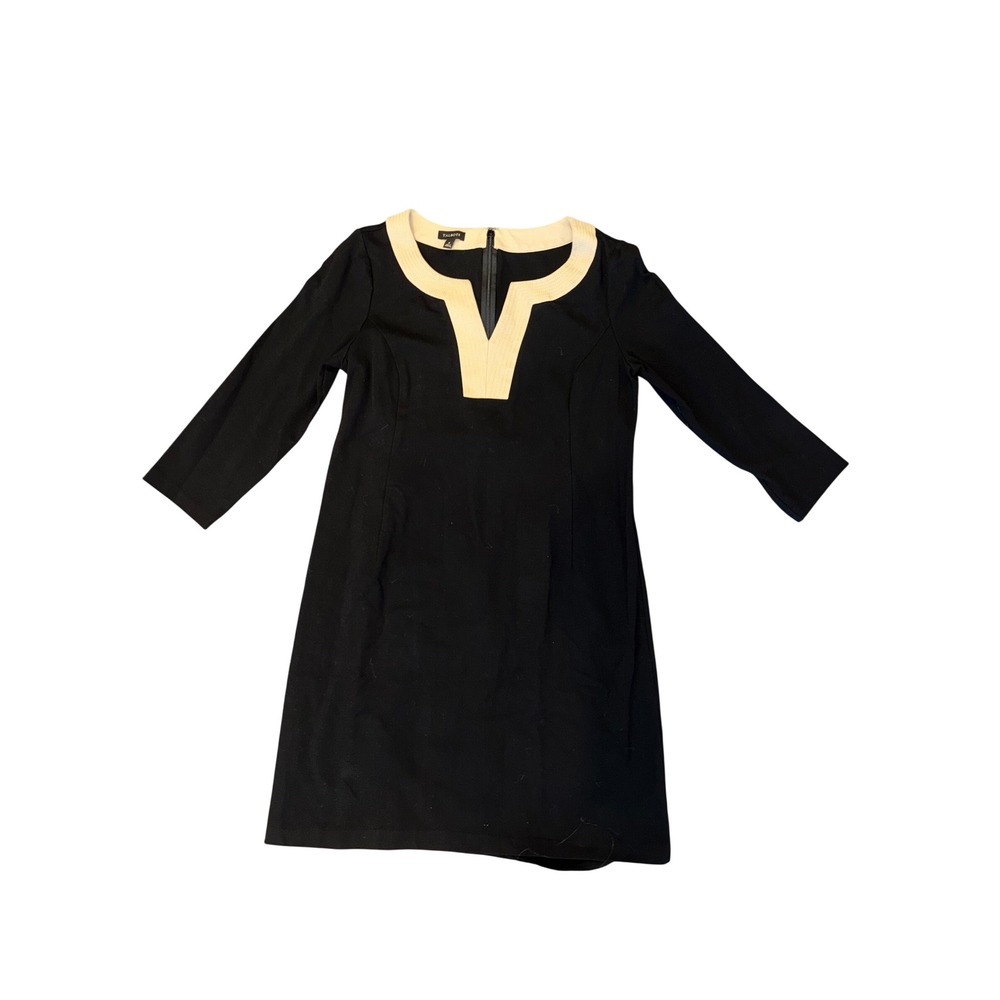 Talbots Sheath Dress 4 Black Cream Notched Neck 3/4 Sleeve Mod Office